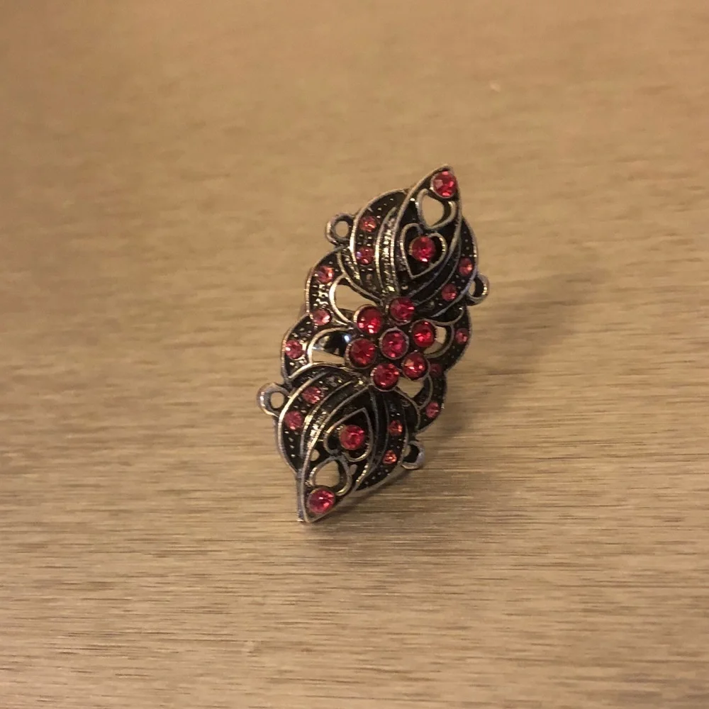 Jeweled Silver Tone Statement Ring | Pink Crystal Scrollwork | Adjustable
